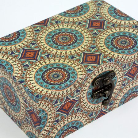 Wood handmade keepsake jewellery, memories, card box, Moroccan Mandala style, Blue Lined