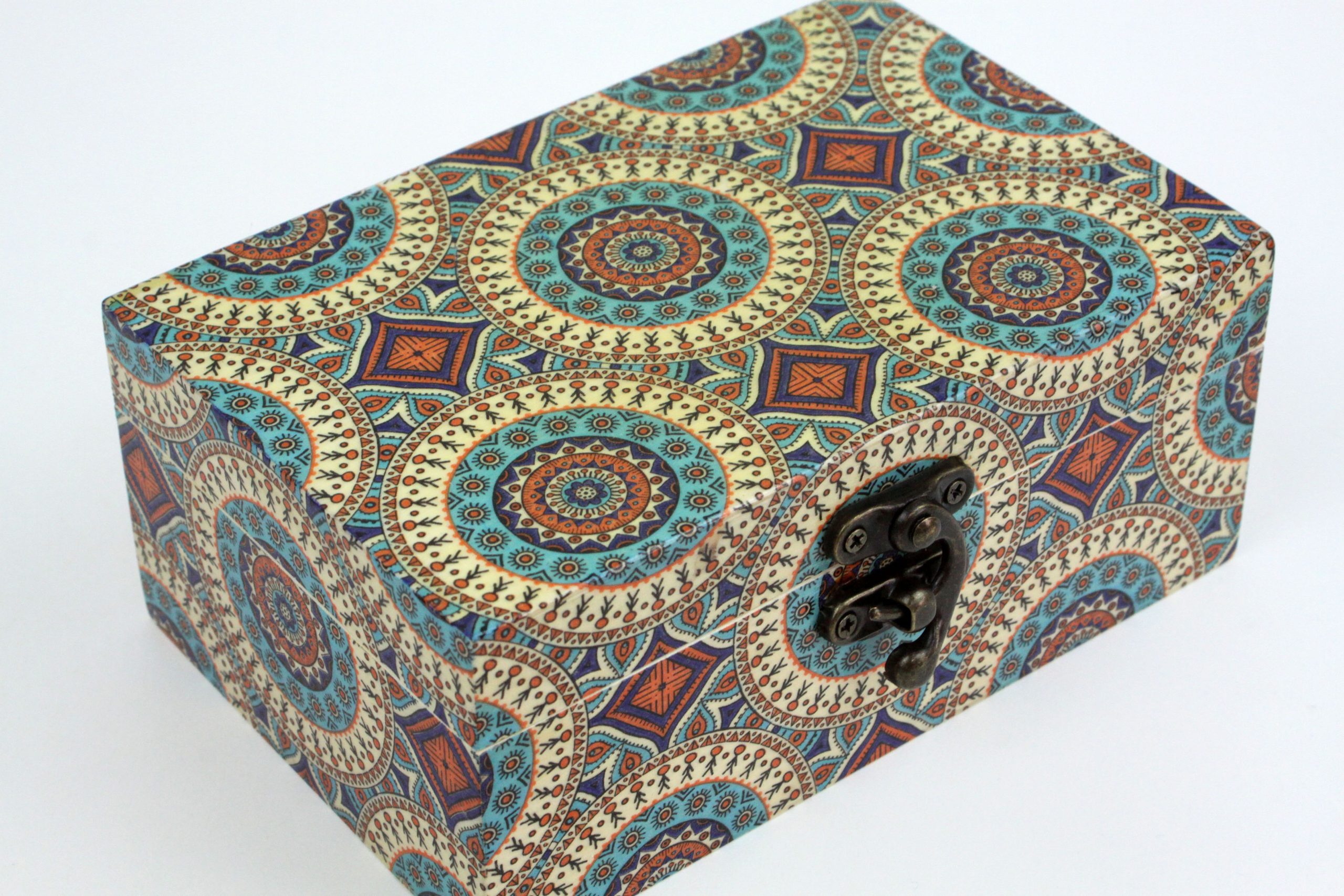 Wood handmade keepsake jewellery, memories, card box, Moroccan Mandala style, Blue Lined