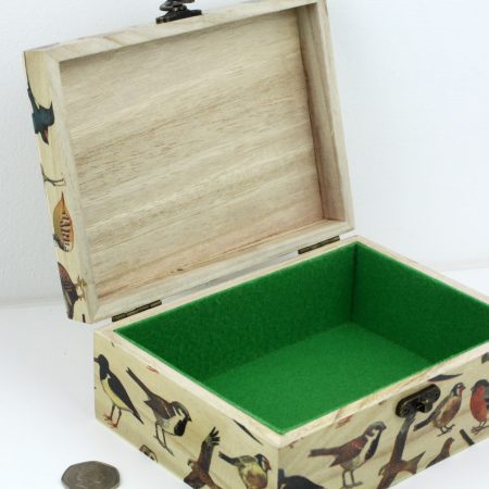 Wood handmade keepsake jewellery, memories, card box, Birds Wildlife design, Green lined