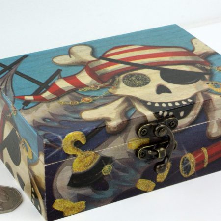 Wood handmade keepsake jewellery, memories, Pirates gold ship sparkly blue lined