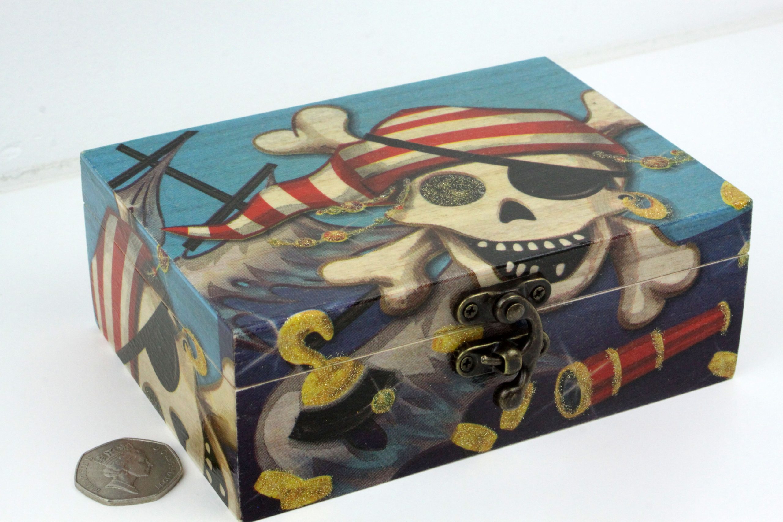 Wood handmade keepsake jewellery, memories, Pirates gold ship sparkly blue lined