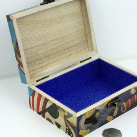 Wood handmade keepsake jewellery, memories, Pirates gold ship sparkly blue lined