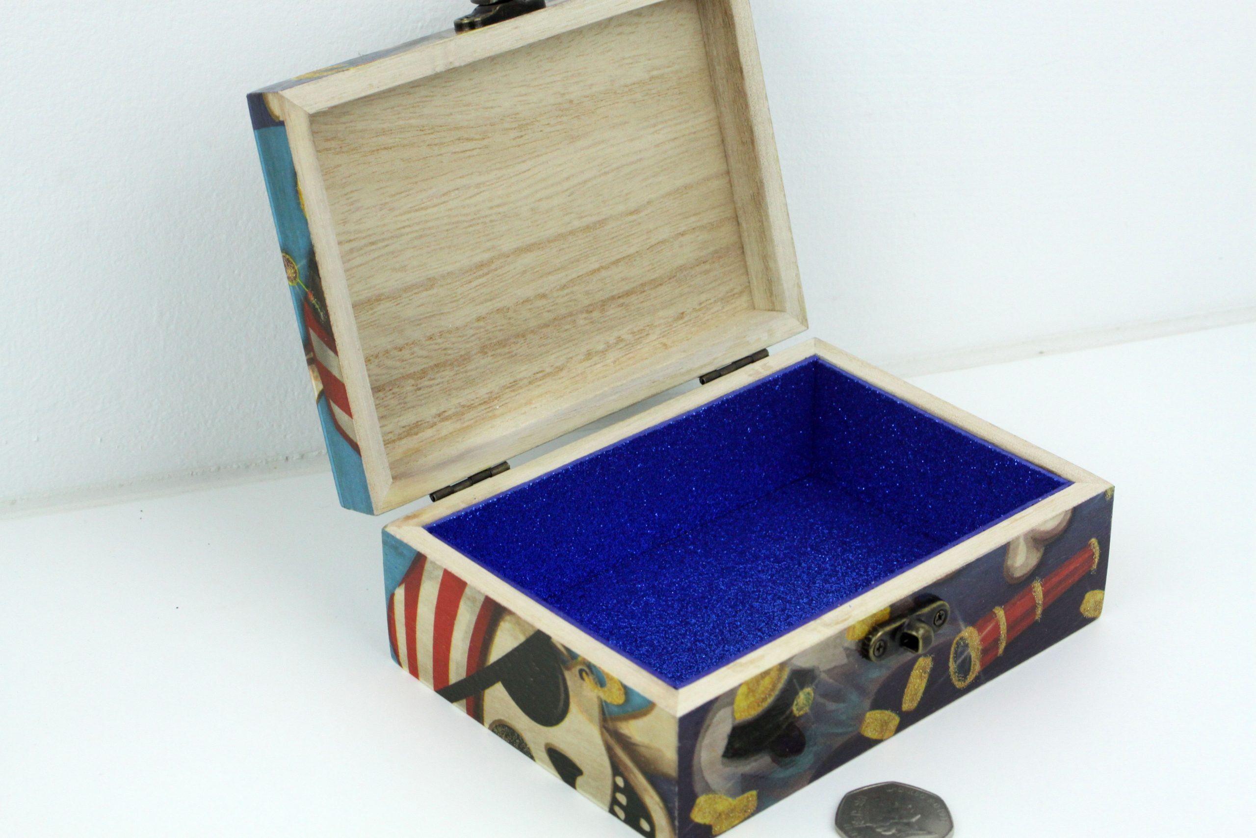 Wood handmade keepsake jewellery, memories, Pirates gold ship sparkly blue lined