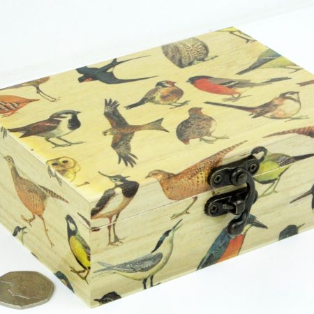 Wood handmade keepsake jewellery, memories, card box, Birds Wildlife design, Green lined