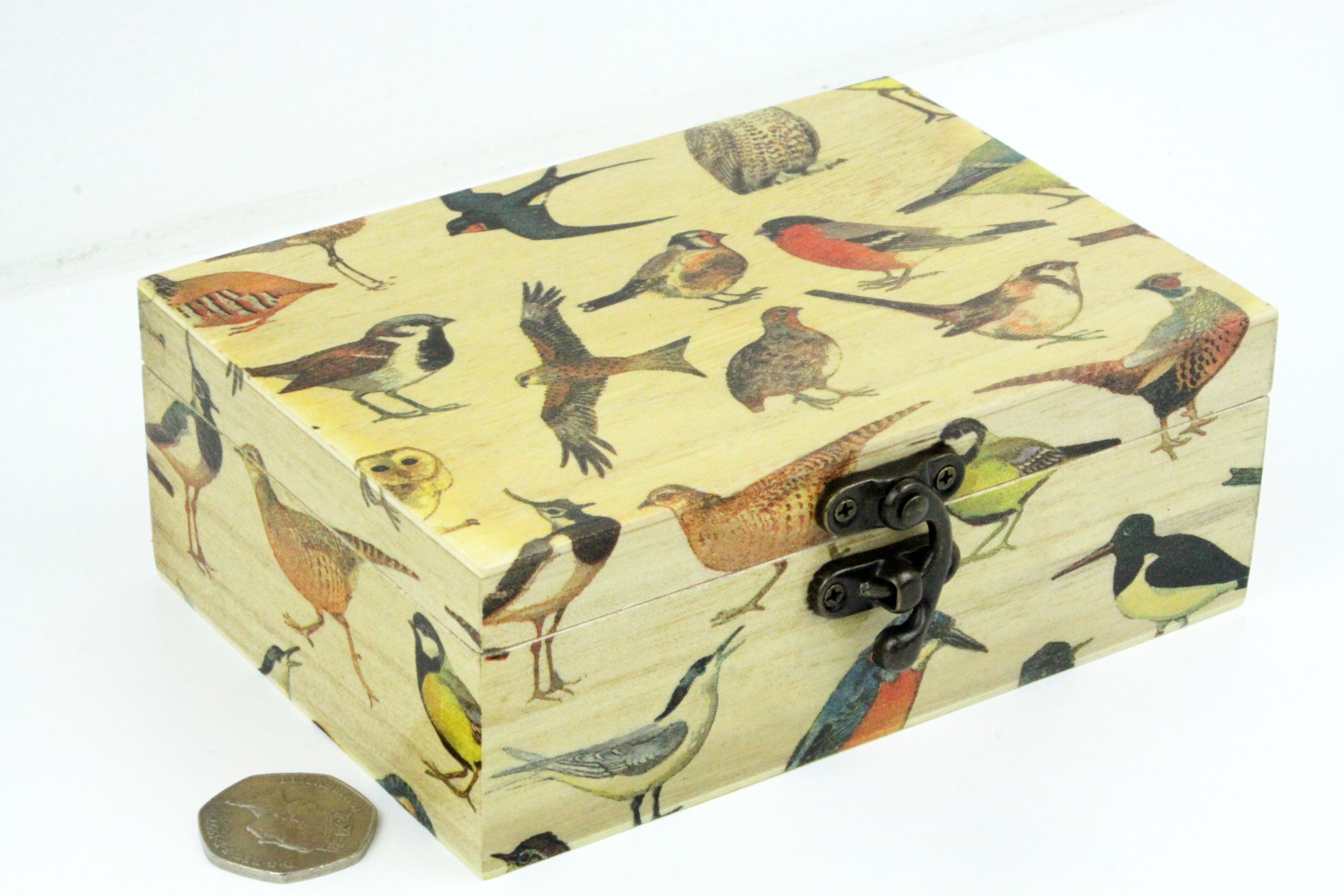Wood handmade keepsake jewellery, memories, card box, Birds Wildlife design, Green lined