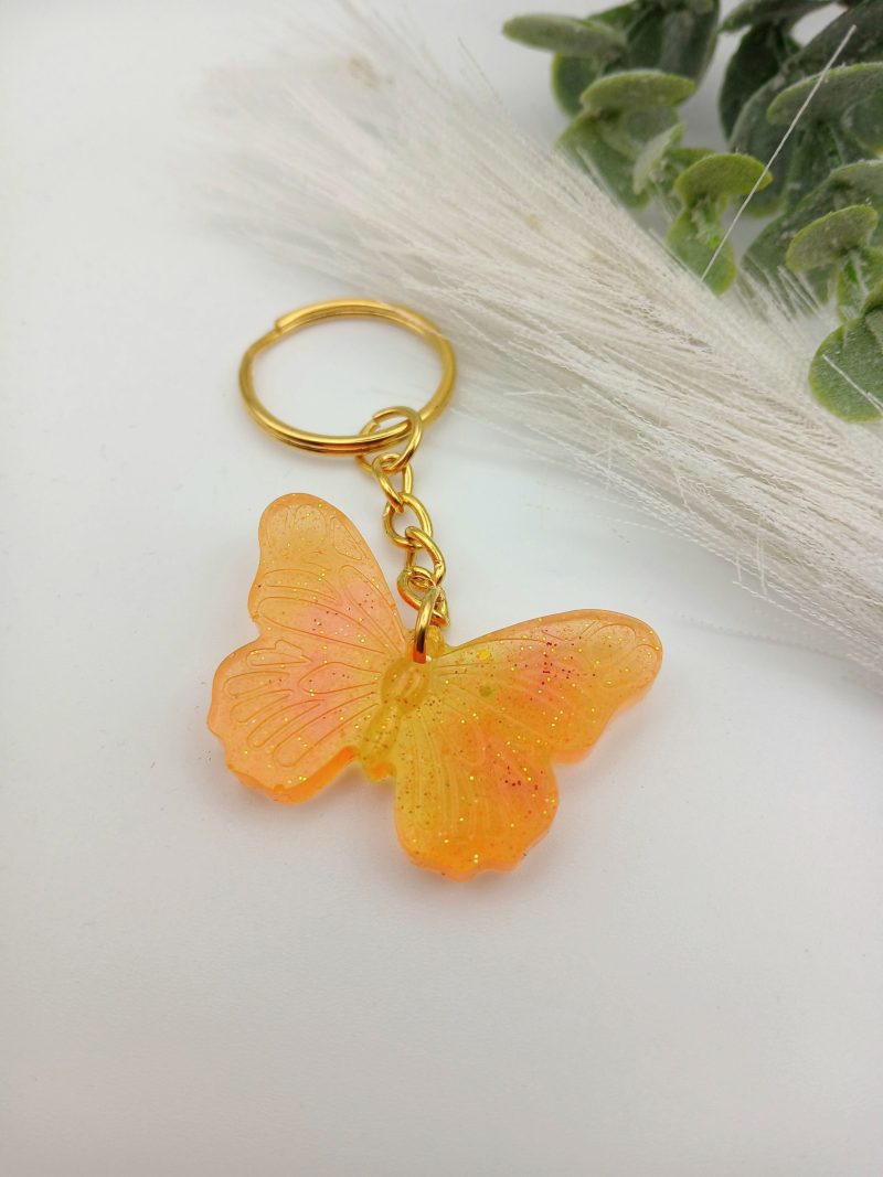 Handmade Resin Butterfly keychain Glitter orange