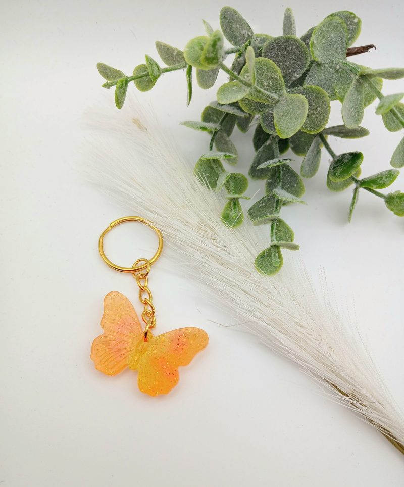 Handmade Resin Butterfly keychain Glitter orange