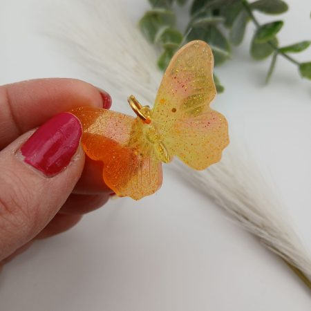 Handmade Resin Butterfly keychain Glitter orange
