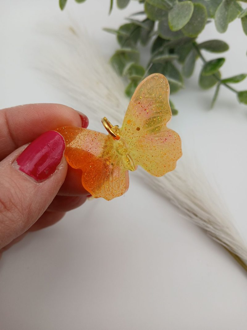 Handmade Resin Butterfly keychain Glitter orange