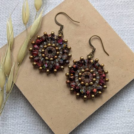 Ferris Wheel Earrings - handcrafted round dangle seed bead / beaded earrings - Copper Rose