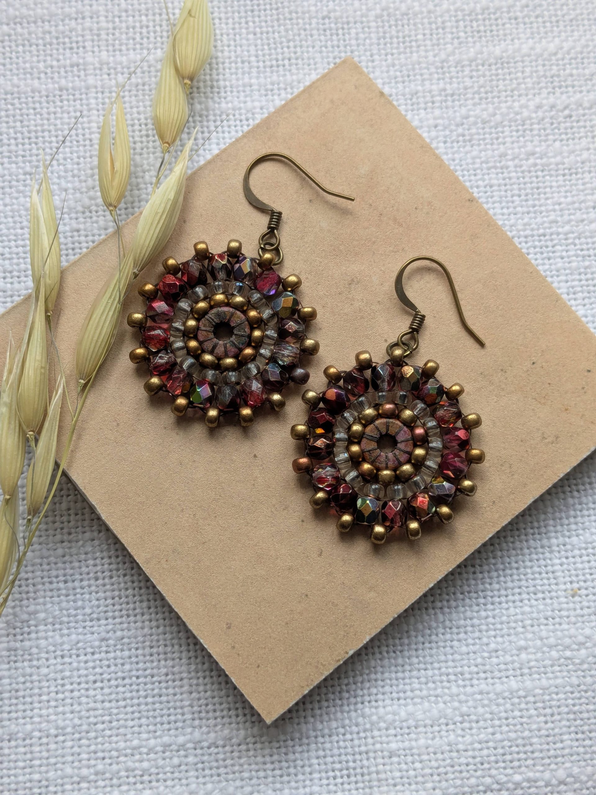 Ferris Wheel Earrings - handcrafted round dangle seed bead / beaded earrings - Copper Rose