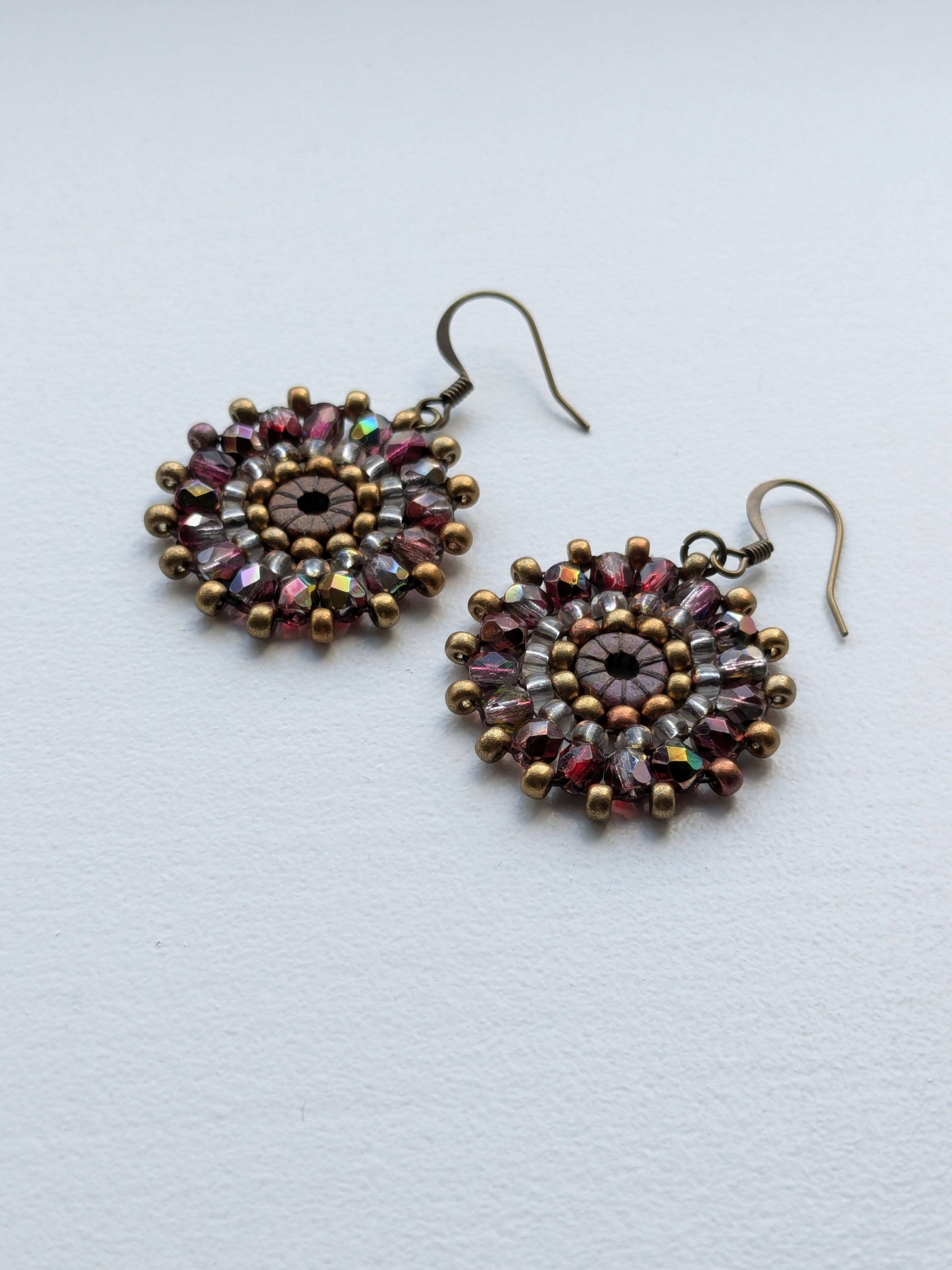 Ferris Wheel Earrings - handcrafted round dangle seed bead / beaded earrings - Copper Rose