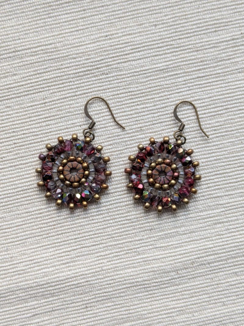 Ferris Wheel Earrings - handcrafted round dangle seed bead / beaded earrings - Copper Rose