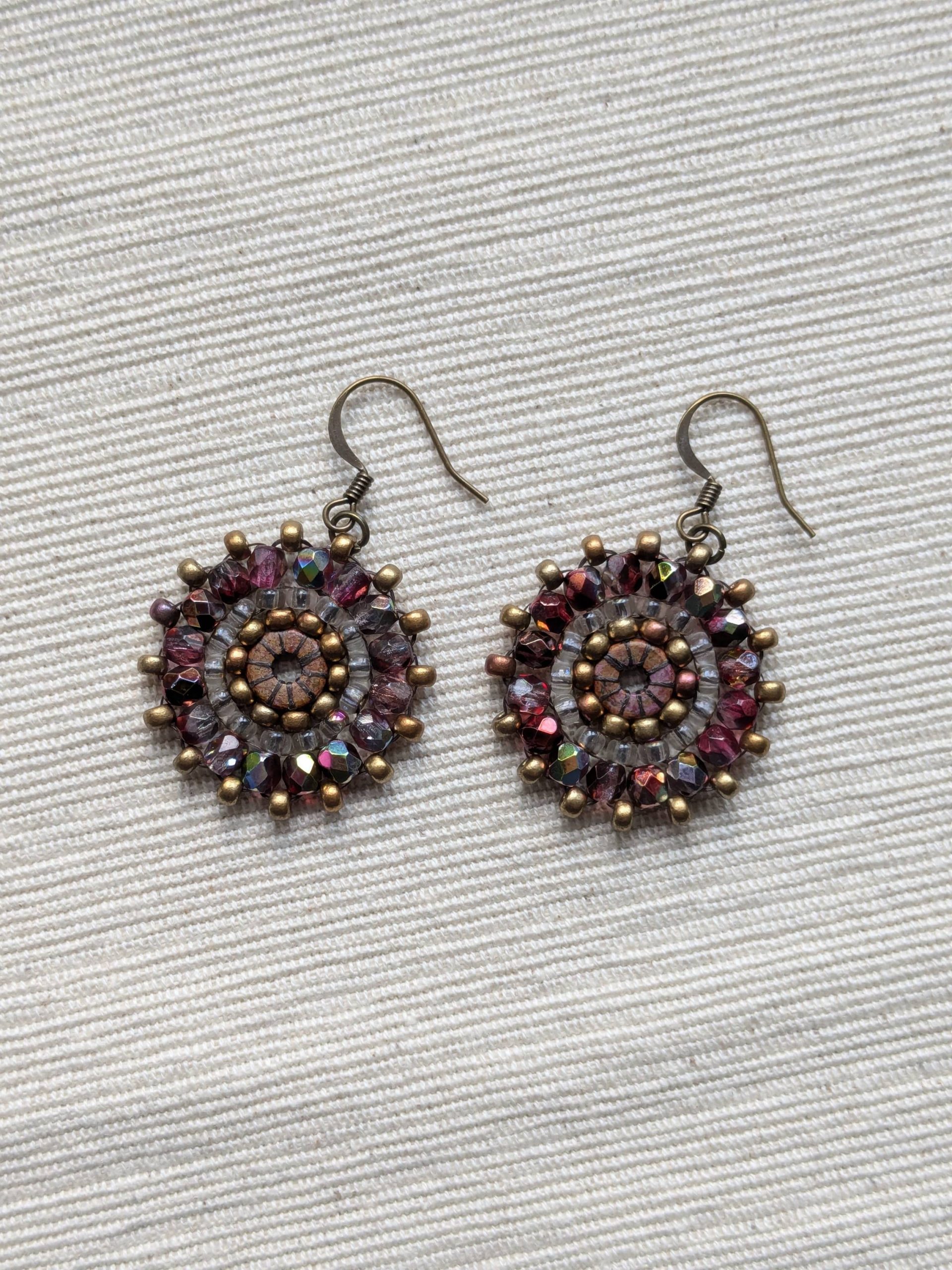 Ferris Wheel Earrings - handcrafted round dangle seed bead / beaded earrings - Copper Rose