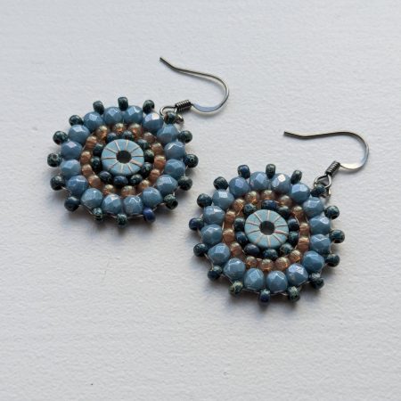 Ferris Wheel Earrings - handcrafted round dangle seed bead / beaded earrings - Mid Blue Mix