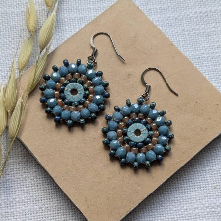 Ferris Wheel Earrings - handcrafted round dangle seed bead / beaded earrings - Mid Blue Mix