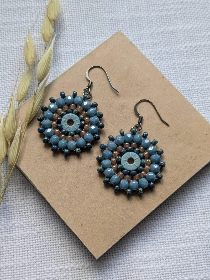 Ferris Wheel Earrings - handcrafted round dangle seed bead / beaded earrings - Mid Blue Mix