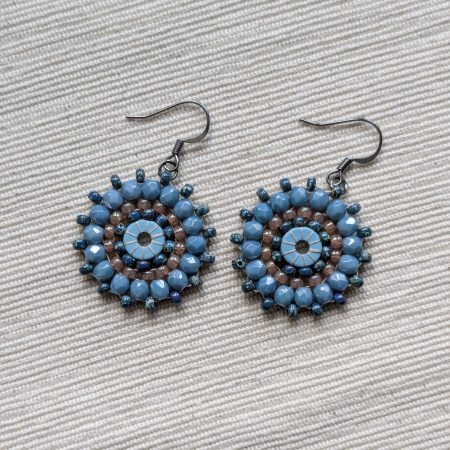 Ferris Wheel Earrings - handcrafted round dangle seed bead / beaded earrings - Mid Blue Mix