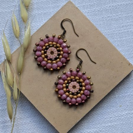 Ferris Wheel Earrings - handcrafted round dangle seed bead / beaded earrings - Mid Pink Mix