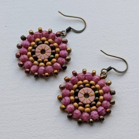 Ferris Wheel Earrings - handcrafted round dangle seed bead / beaded earrings - Mid Pink Mix