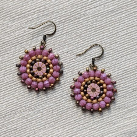 Ferris Wheel Earrings - handcrafted round dangle seed bead / beaded earrings - Mid Pink Mix