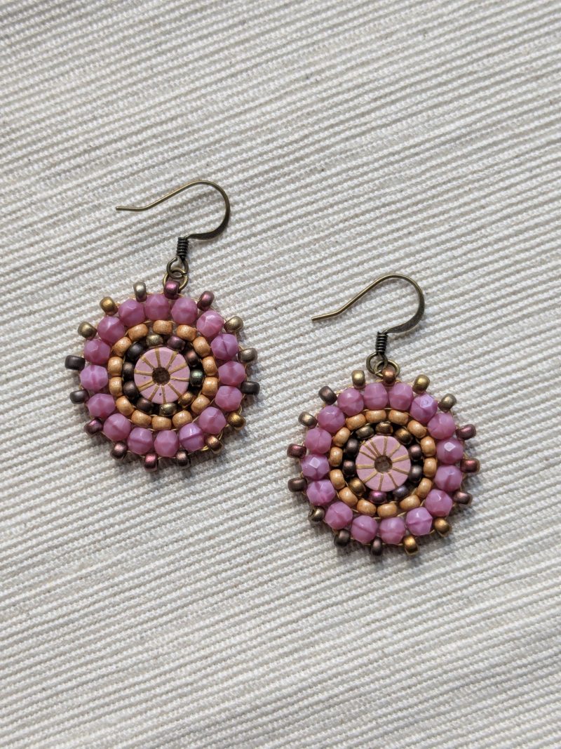 Ferris Wheel Earrings - handcrafted round dangle seed bead / beaded earrings - Mid Pink Mix
