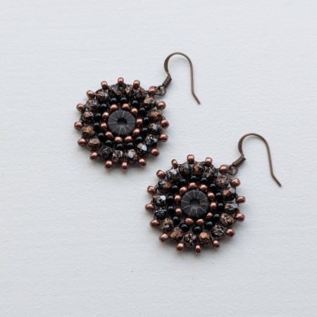 Ferris Wheel Earrings - handcrafted round dangle seed bead / beaded earrings - Bronze and Black