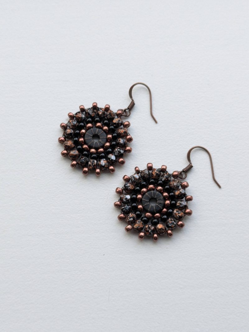 Ferris Wheel Earrings - handcrafted round dangle seed bead / beaded earrings - Bronze and Black