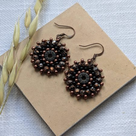 Ferris Wheel Earrings - handcrafted round dangle seed bead / beaded earrings - Bronze and Black