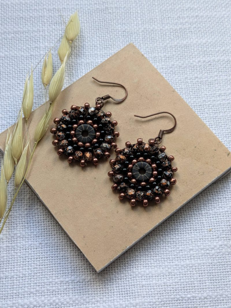 Ferris Wheel Earrings - handcrafted round dangle seed bead / beaded earrings - Bronze and Black