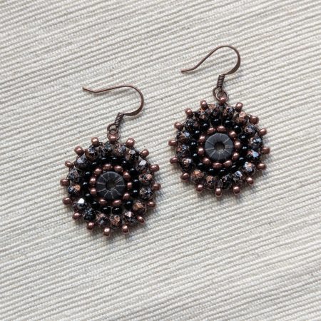 Ferris Wheel Earrings - handcrafted round dangle seed bead / beaded earrings - Bronze and Black