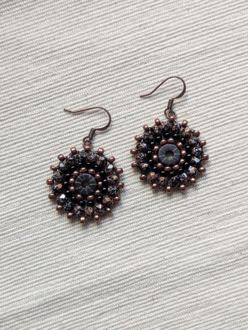 Ferris Wheel Earrings - handcrafted round dangle seed bead / beaded earrings - Bronze and Black