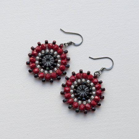 Ferris Wheel Earrings - handcrafted round dangle seed bead / beaded earrings - Red Mix