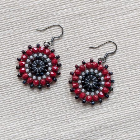 Ferris Wheel Earrings - handcrafted round dangle seed bead / beaded earrings - Red Mix