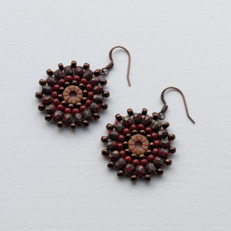 Ferris Wheel Earrings - handcrafted round dangle seed bead / beaded earrings - Red Stone