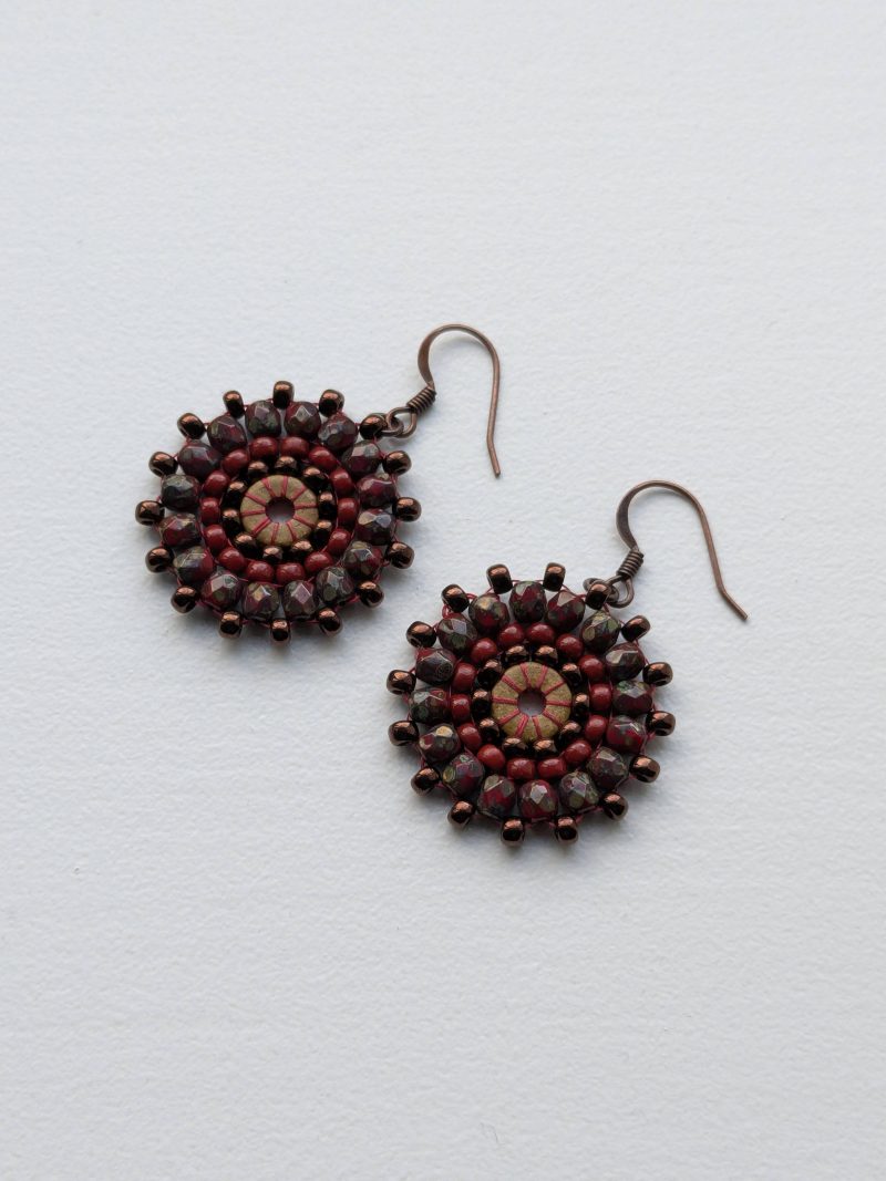 Ferris Wheel Earrings - handcrafted round dangle seed bead / beaded earrings - Red Stone