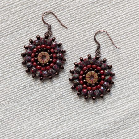 Ferris Wheel Earrings - handcrafted round dangle seed bead / beaded earrings - Red Stone