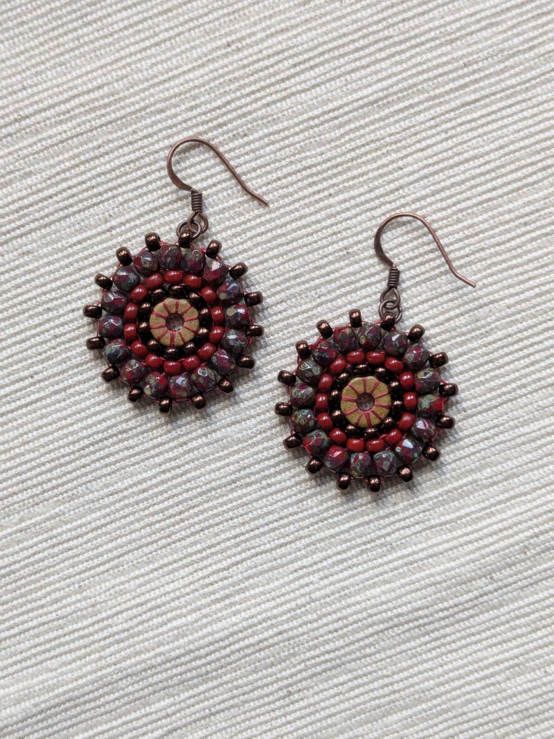 Ferris Wheel Earrings - handcrafted round dangle seed bead / beaded earrings - Red Stone