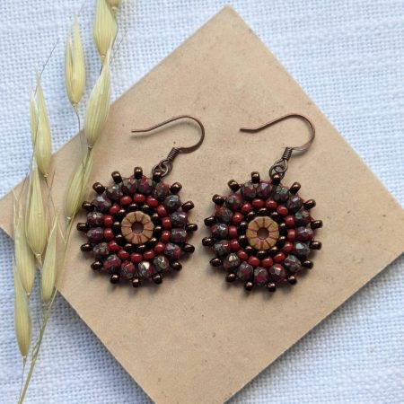 Ferris Wheel Earrings - handcrafted round dangle seed bead / beaded earrings - Red Stone