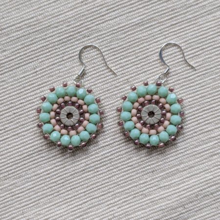 Ferris Wheel Earrings - handcrafted round dangle seed bead / beaded earrings - Mint