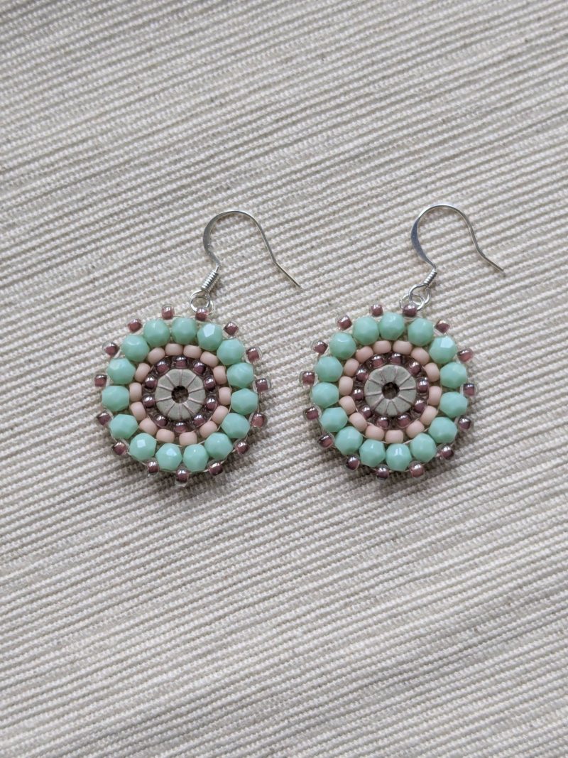 Ferris Wheel Earrings - handcrafted round dangle seed bead / beaded earrings - Mint