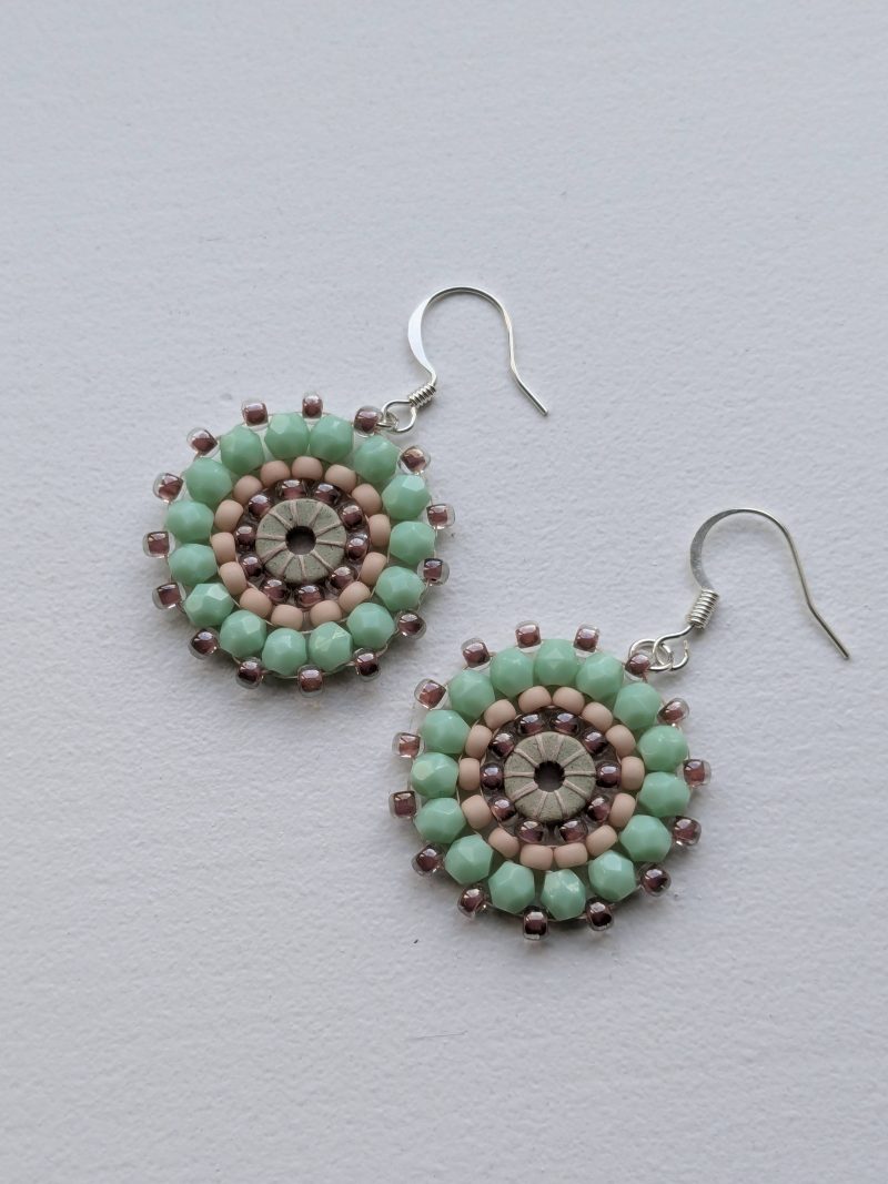 Ferris Wheel Earrings - handcrafted round dangle seed bead / beaded earrings - Mint