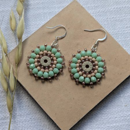 Ferris Wheel Earrings - handcrafted round dangle seed bead / beaded earrings - Mint