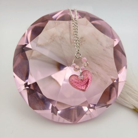 Small handmade heart charm necklace glittery pink resin