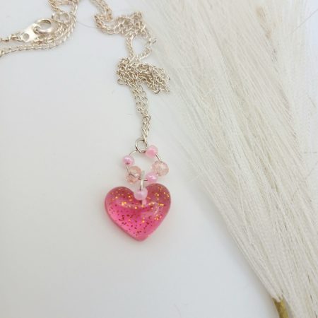 Small handmade heart charm necklace glittery pink resin