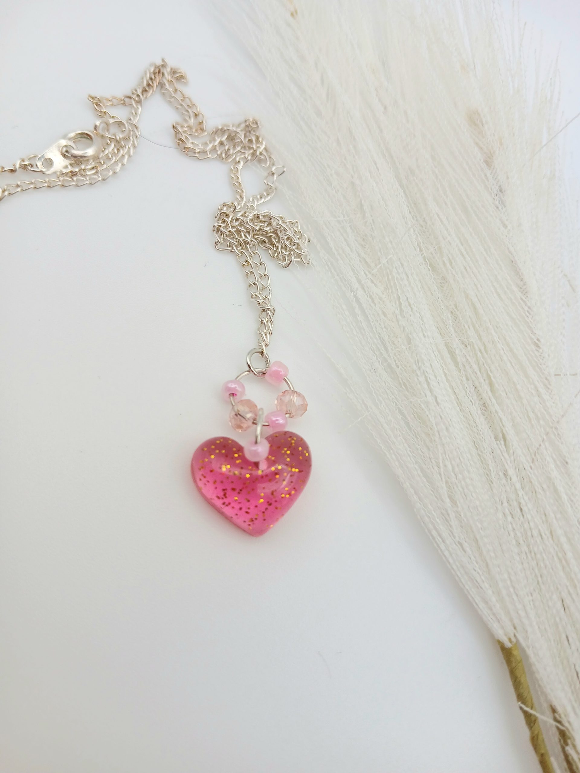 Small handmade heart charm necklace glittery pink resin