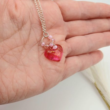 Small handmade heart charm necklace glittery pink resin