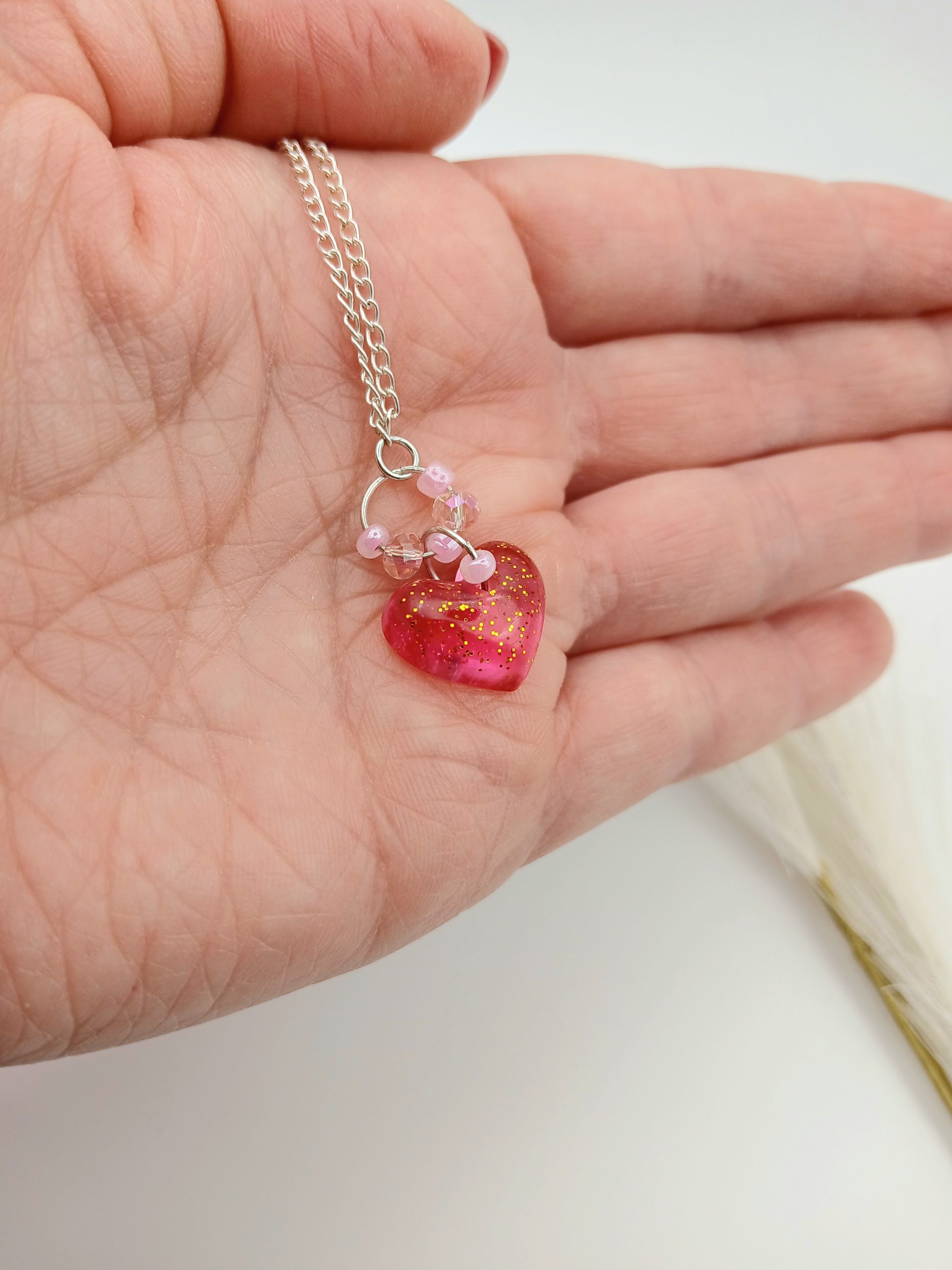 Small handmade heart charm necklace glittery pink resin