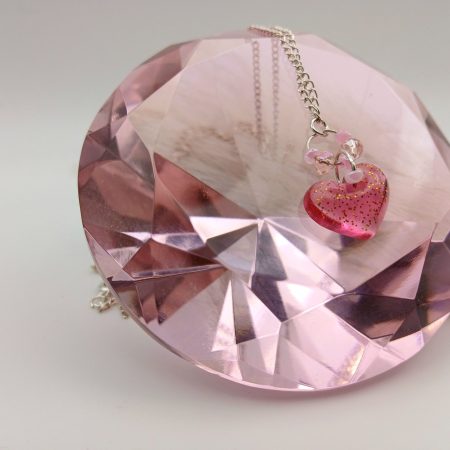 Small handmade heart charm necklace glittery pink resin