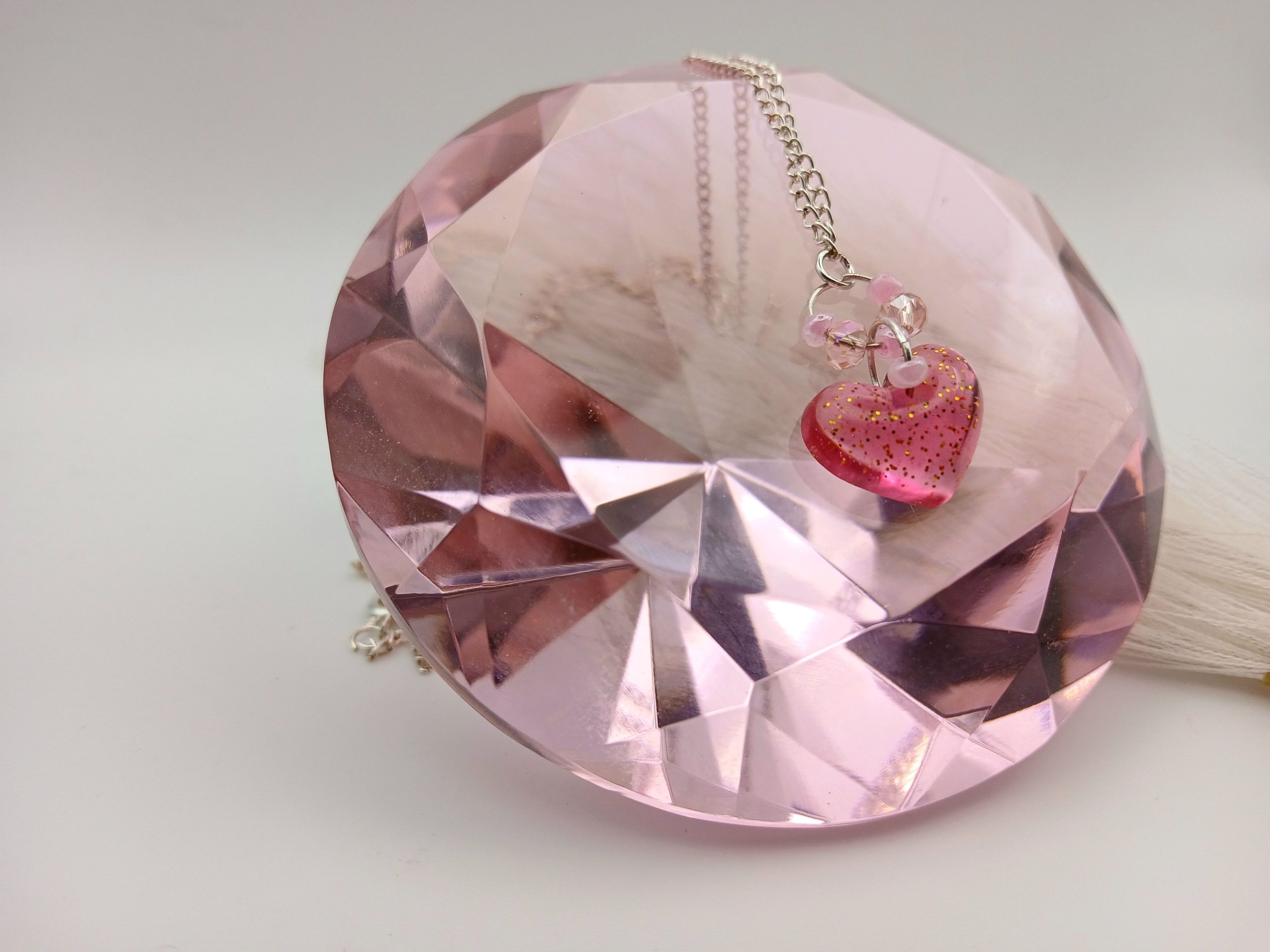 Small handmade heart charm necklace glittery pink resin